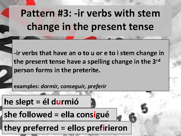 Pattern #3: -ir verbs with stem change in the present tense -ir verbs that