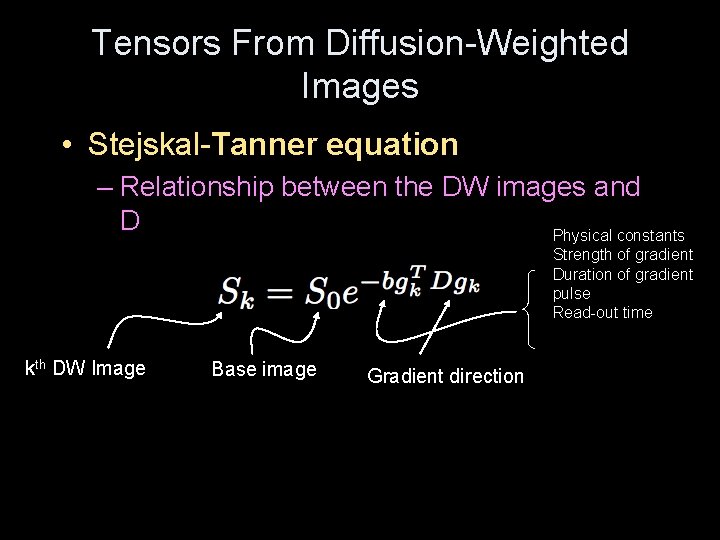 Tensors From Diffusion-Weighted Images • Stejskal-Tanner equation – Relationship between the DW images and