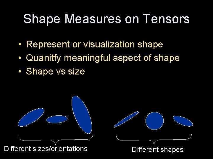 Shape Measures on Tensors • Represent or visualization shape • Quanitfy meaningful aspect of