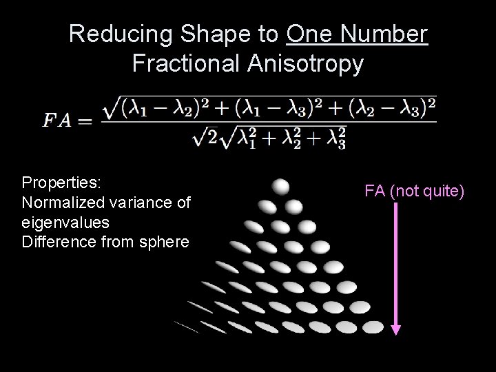 Reducing Shape to One Number Fractional Anisotropy Properties: Normalized variance of eigenvalues Difference from