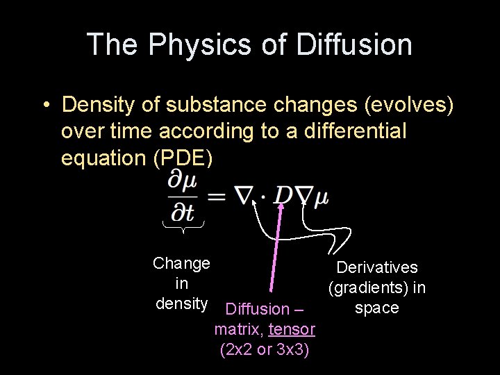 The Physics of Diffusion • Density of substance changes (evolves) over time according to