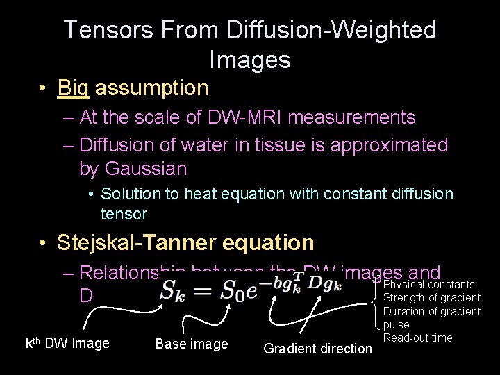 Tensors From Diffusion-Weighted Images • Big assumption – At the scale of DW-MRI measurements