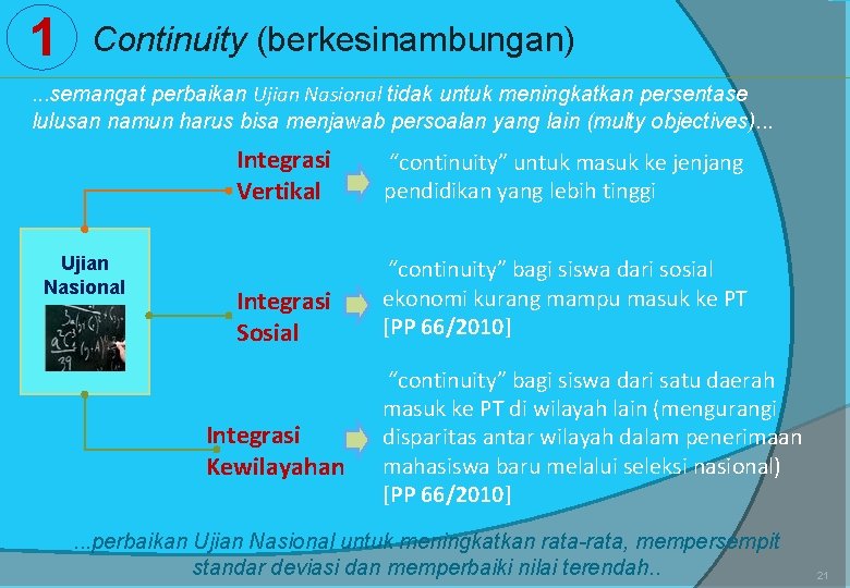 1 Continuity (berkesinambungan) . . . semangat perbaikan Ujian Nasional tidak untuk meningkatkan persentase