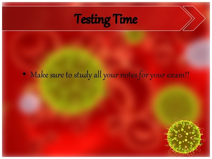 Testing Time • Make sure to study all your notes for your exam!! 