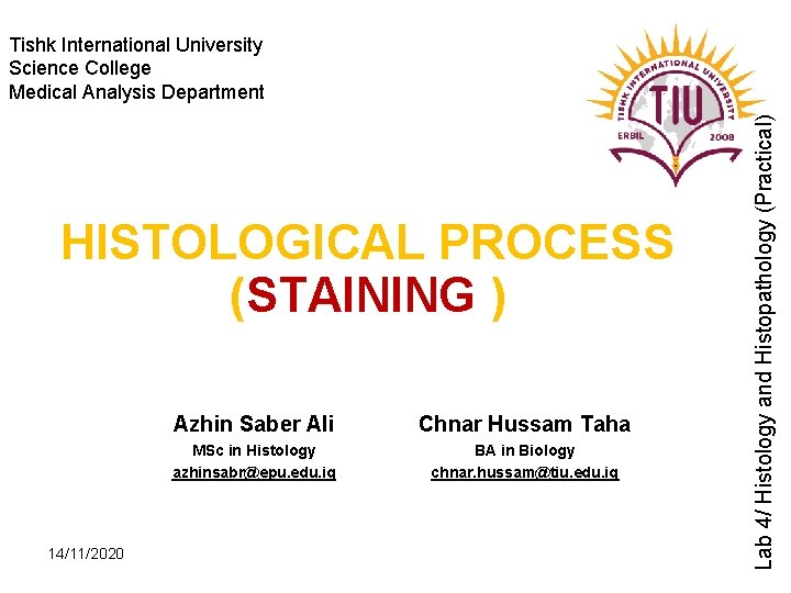 HISTOLOGICAL PROCESS (STAINING ) 14/11/2020 Azhin Saber Ali Chnar Hussam Taha MSc in Histology