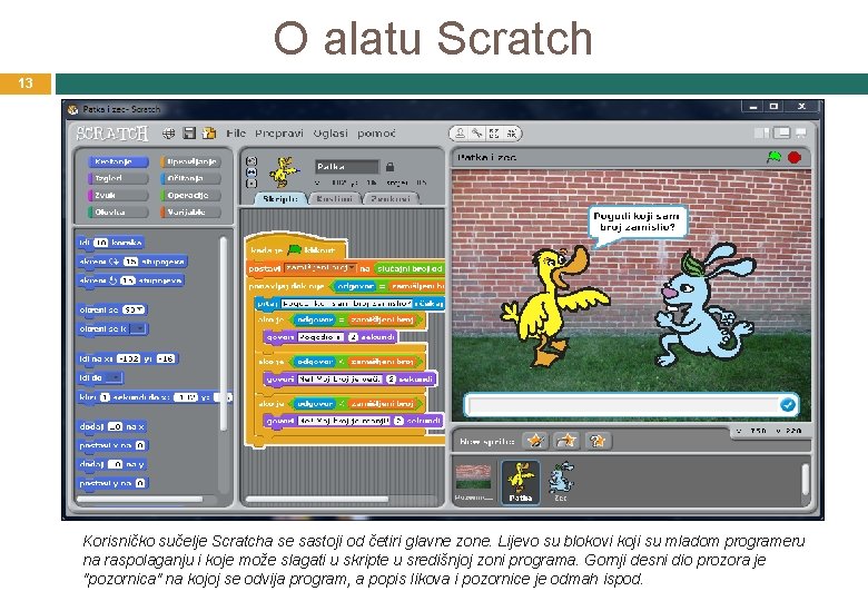 O alatu Scratch 13 Korisničko sučelje Scratcha se sastoji od četiri glavne zone. Lijevo