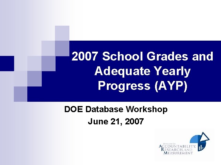 2007 School Grades and Adequate Yearly Progress (AYP) DOE Database Workshop June 21, 2007