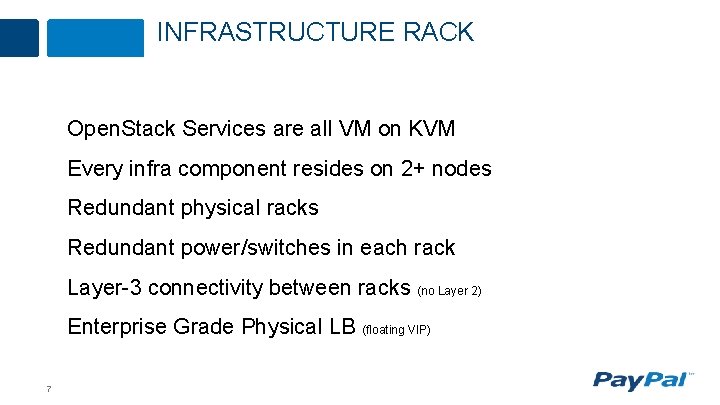 INFRASTRUCTURE RACK Open. Stack Services are all VM on KVM Every infra component resides