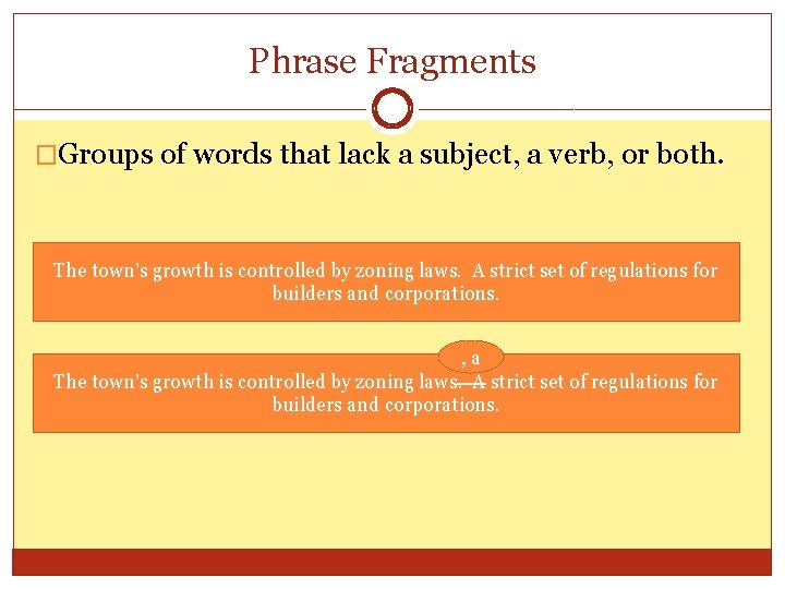 Phrase Fragments �Groups of words that lack a subject, a verb, or both. The