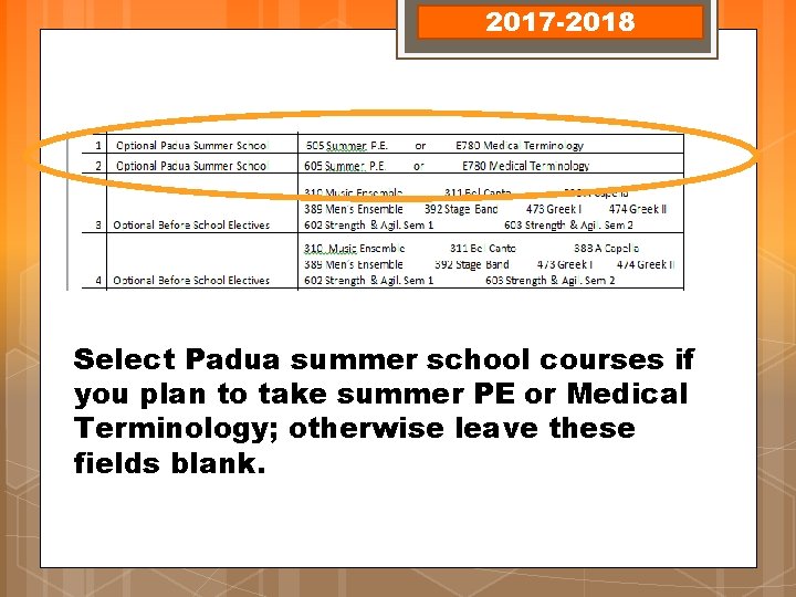 2017 -2018 Select Padua summer school courses if you plan to take summer PE