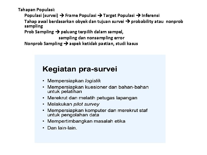 Tahapan Populasi: Populasi (survei) Frame Populasi Target Populasi Inferensi Tahap awal berdasarkan obyek dan
