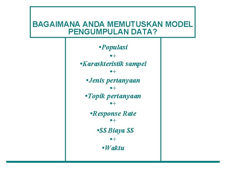 BAGAIMANA ANDA MEMUTUSKAN MODEL PENGUMPULAN DATA? • Populasi • + • Karaskteristik sampel •