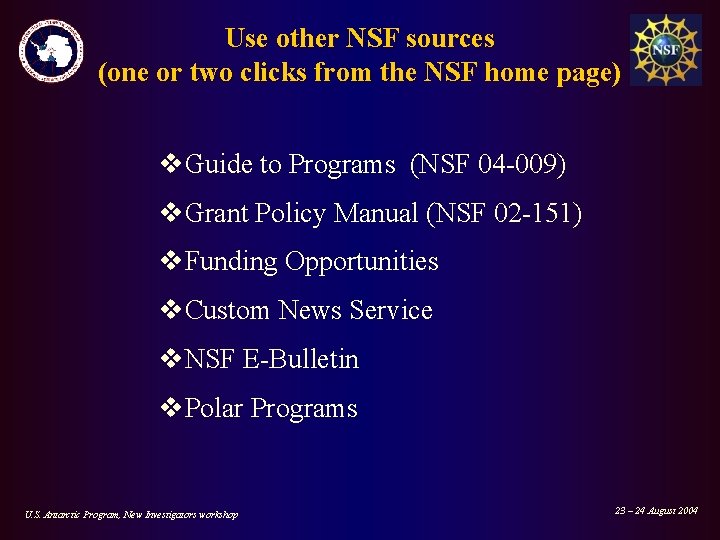 Use other NSF sources (one or two clicks from the NSF home page) v.