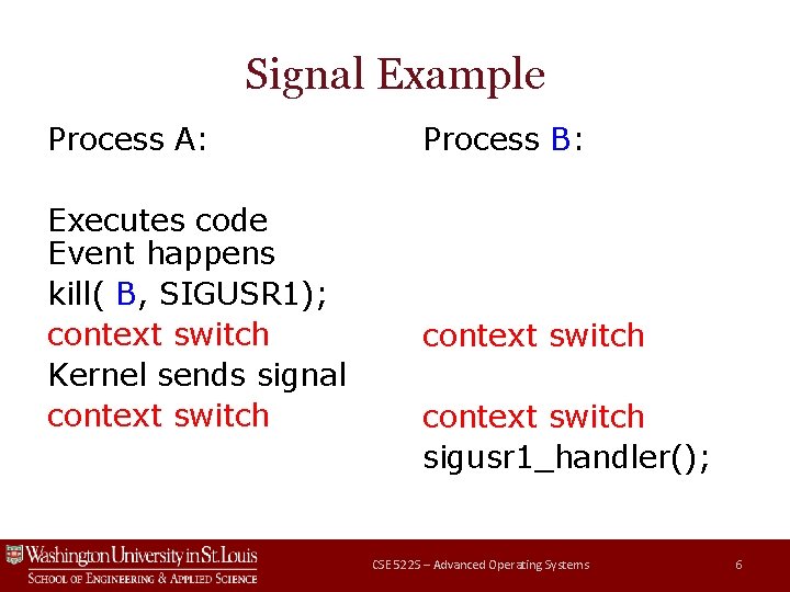 Signal Example Process A: Executes code Event happens kill( B, SIGUSR 1); context switch