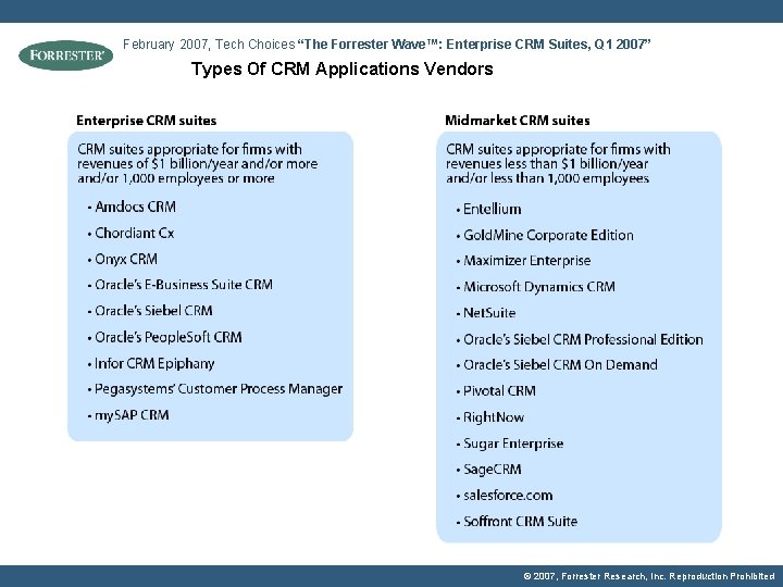 February 2007, Tech Choices “The Forrester Wave™: Enterprise CRM Suites, Q 1 2007” Types