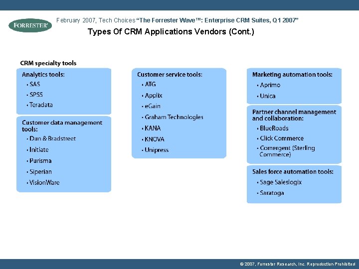 February 2007, Tech Choices “The Forrester Wave™: Enterprise CRM Suites, Q 1 2007” Types