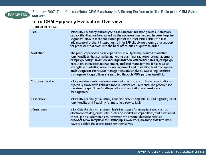 February 2007, Tech Choices “Infor CRM Epiphany Is A Strong Performer In The Enterprise