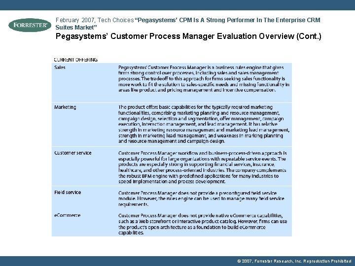 February 2007, Tech Choices “Pegasystems’ CPM Is A Strong Performer In The Enterprise CRM