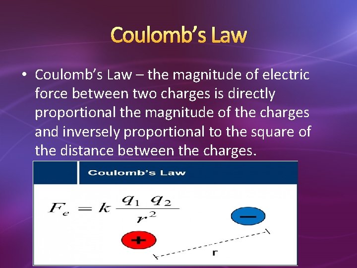 Coulomb’s Law • Coulomb’s Law – the magnitude of electric force between two charges