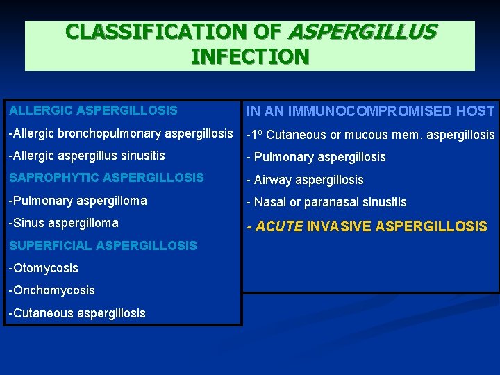 CLASSIFICATION OF ASPERGILLUS INFECTION ALLERGIC ASPERGILLOSIS IN AN IMMUNOCOMPROMISED HOST -Allergic bronchopulmonary aspergillosis -1º
