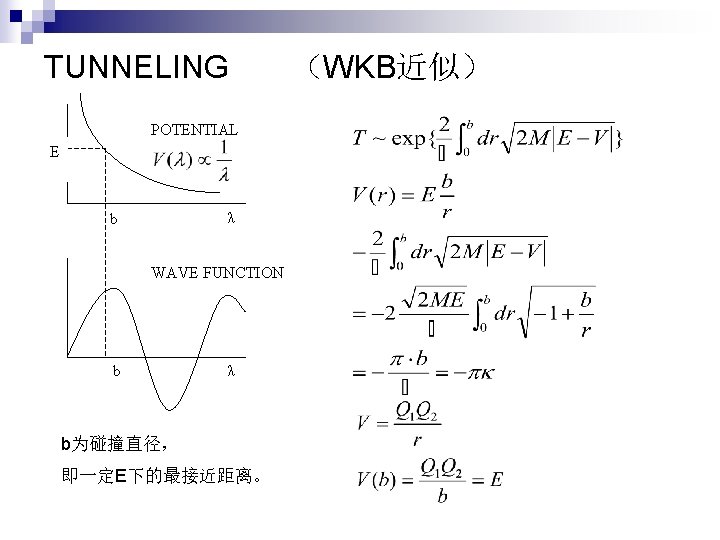TUNNELING POTENTIAL E λ b WAVE FUNCTION b λ b为碰撞直径， 即一定E下的最接近距离。 （WKB近似） 