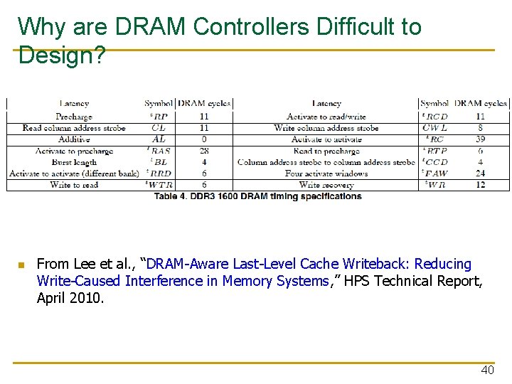 Why are DRAM Controllers Difficult to Design? n From Lee et al. , “DRAM-Aware