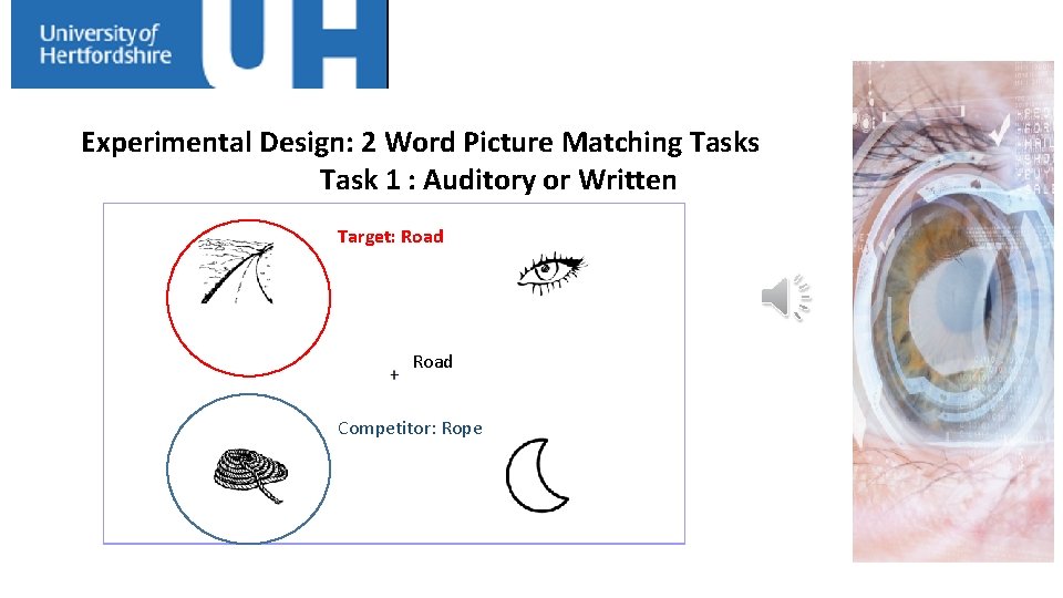 Experimental Design: 2 Word Picture Matching Tasks Task 1 : Auditory or Written Target: