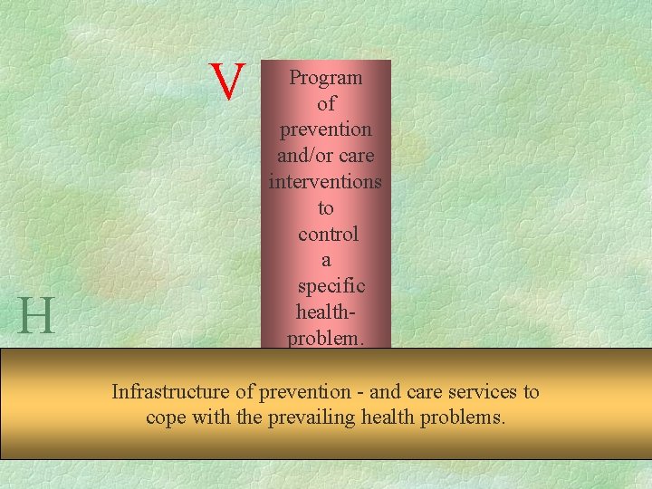 V H Program of prevention and/or care interventions to control a specific healthproblem. Infrastructure
