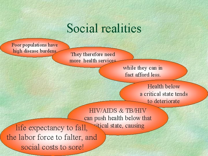 Social realities Poor populations have high disease burdens They therefore need more health services