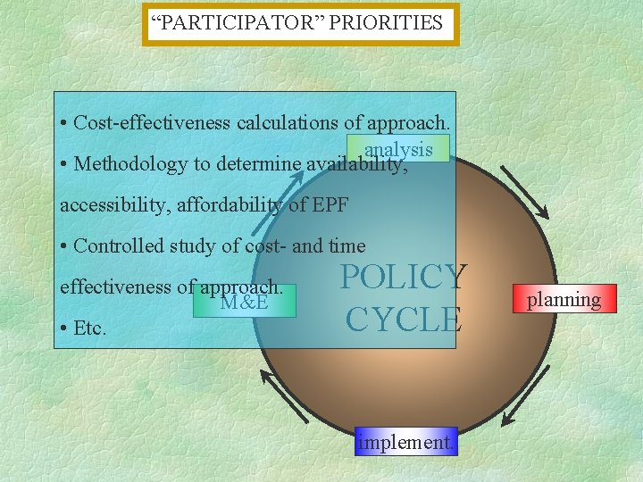 “PARTICIPATOR” PRIORITIES • Cost-effectiveness calculations of approach. analysis • Methodology to determine availability, accessibility,