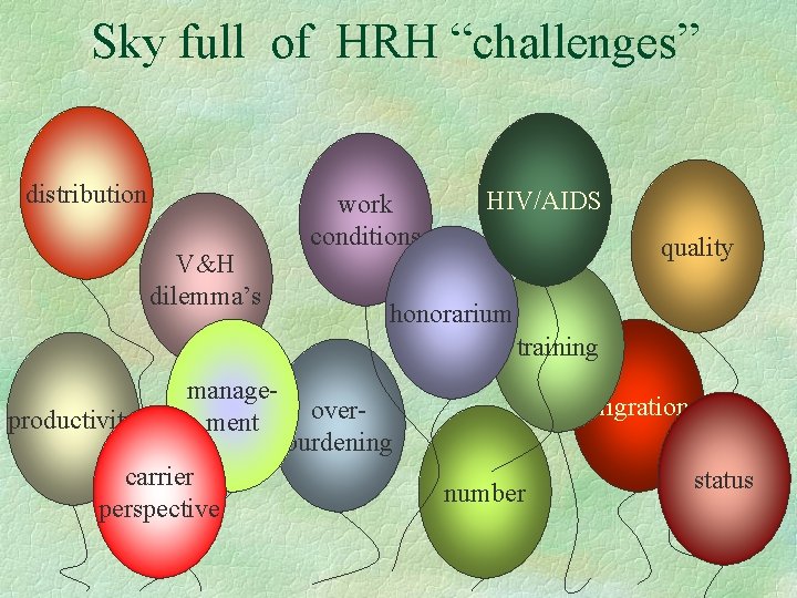 Sky full of HRH “challenges” distribution V&H dilemma’s work conditions HIV/AIDS quality honorarium training