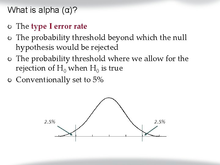 What is alpha (α)? The type I error rate The probability threshold beyond which