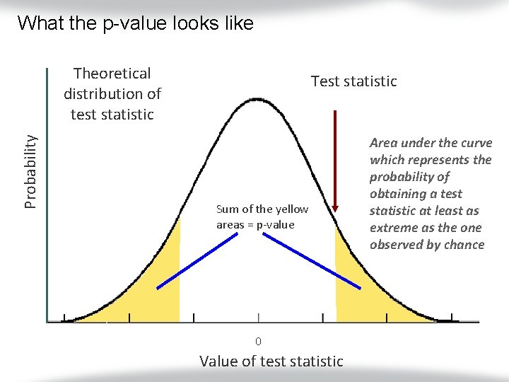 What the p-value looks like Probability Theoretical distribution of test statistic Test statistic Sum