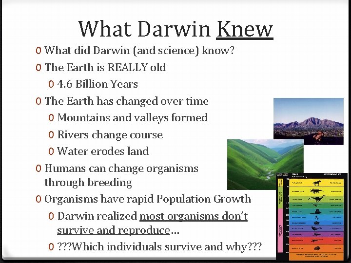 What Darwin Knew 0 What did Darwin (and science) know? 0 The Earth is