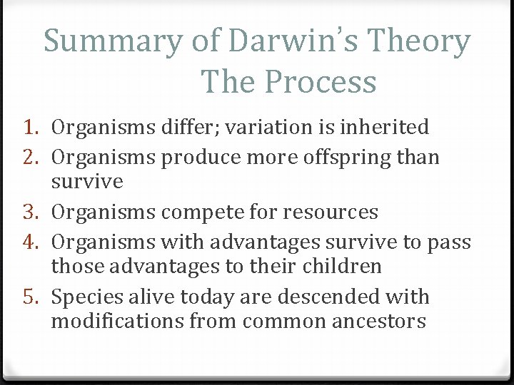 Summary of Darwin’s Theory The Process 1. Organisms differ; variation is inherited 2. Organisms