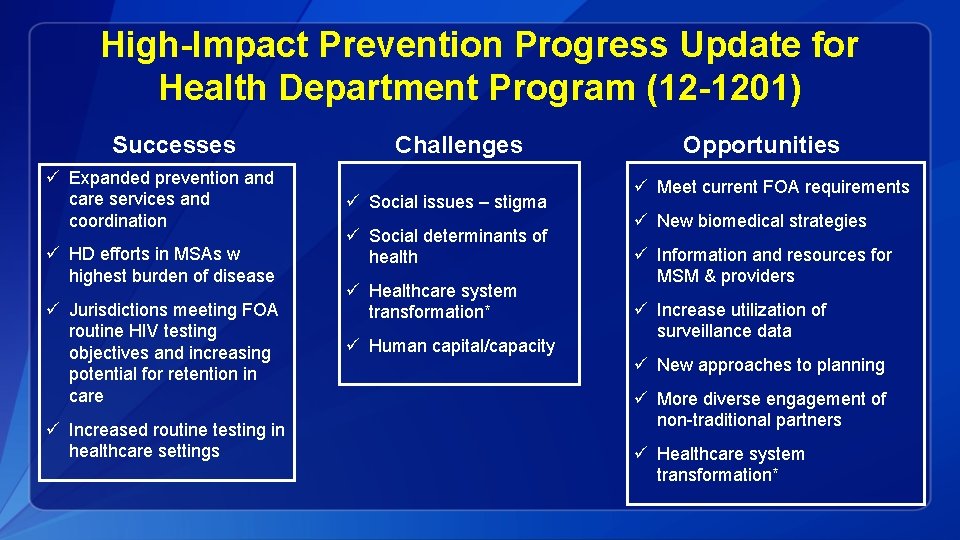 High-Impact Prevention Progress Update for Health Department Program (12 -1201) Successes ü Expanded prevention