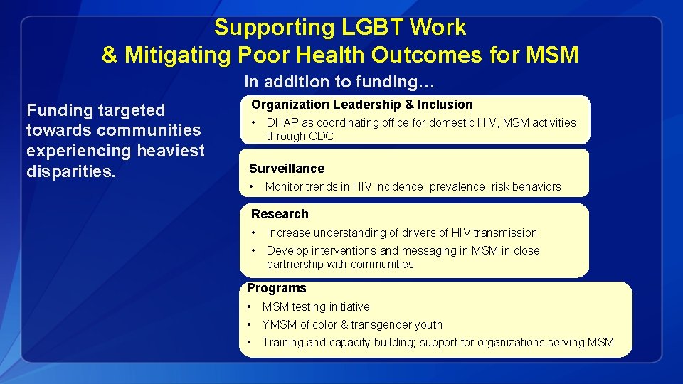 Supporting LGBT Work & Mitigating Poor Health Outcomes for MSM In addition to funding…