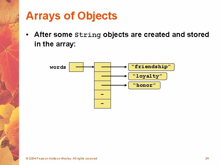 Arrays of Objects • After some String objects are created and stored in the