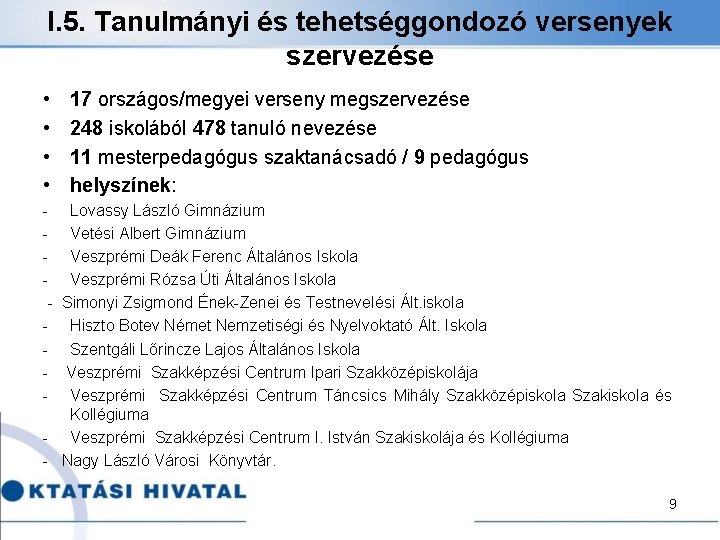 I. 5. Tanulmányi és tehetséggondozó versenyek szervezése • • 17 országos/megyei verseny megszervezése 248