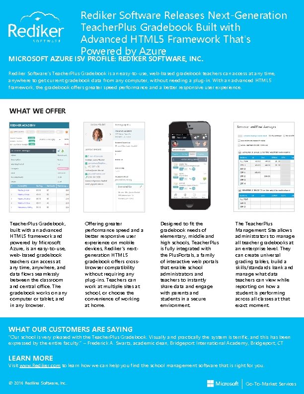 Rediker Software Releases Next-Generation Teacher. Plus Gradebook Built with Advanced HTML 5 Framework That's