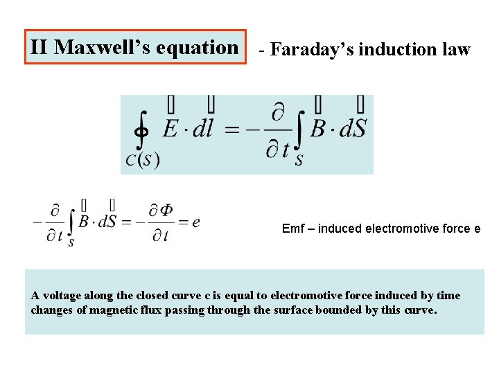 II Maxwell’s equation - Faraday’s induction law Emf – induced electromotive force e A