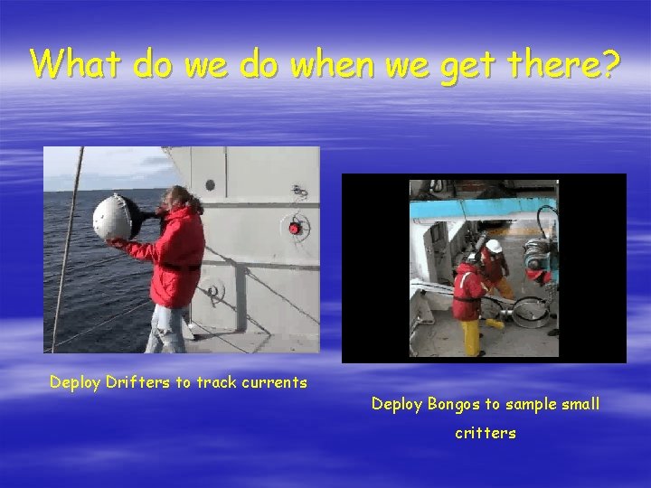 What do we do when we get there? Deploy Drifters to track currents Deploy