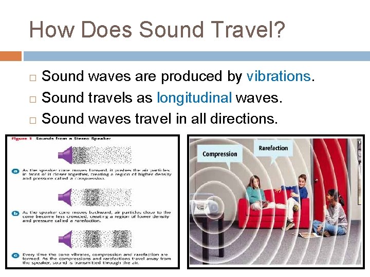 How Does Sound Travel? Sound waves are produced by vibrations. � Sound travels as