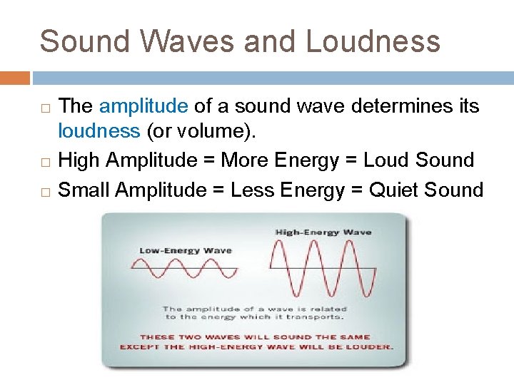 Sound Waves and Loudness The amplitude of a sound wave determines its loudness (or