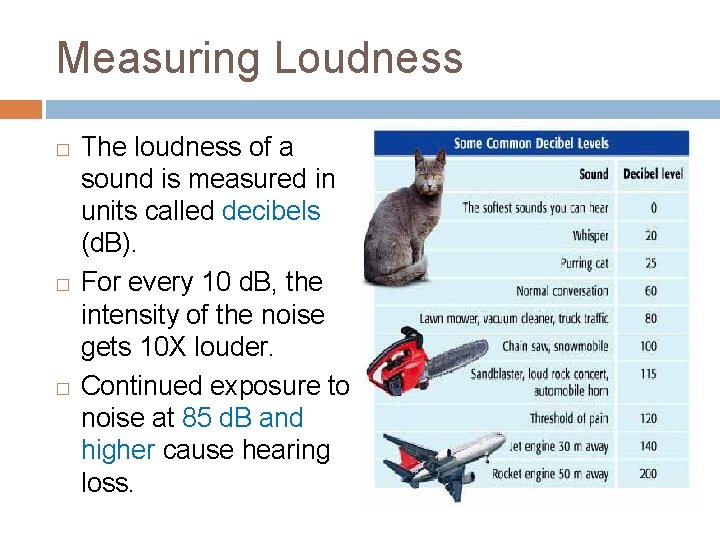 Measuring Loudness � � � The loudness of a sound is measured in units