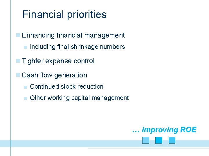 Financial priorities n Enhancing financial management ■ Including final shrinkage numbers n Tighter expense