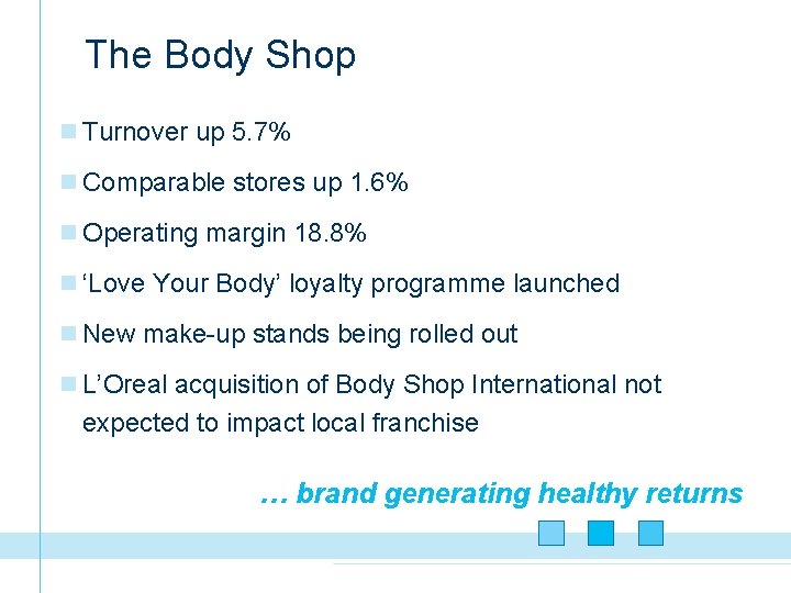 The Body Shop n Turnover up 5. 7% n Comparable stores up 1. 6%