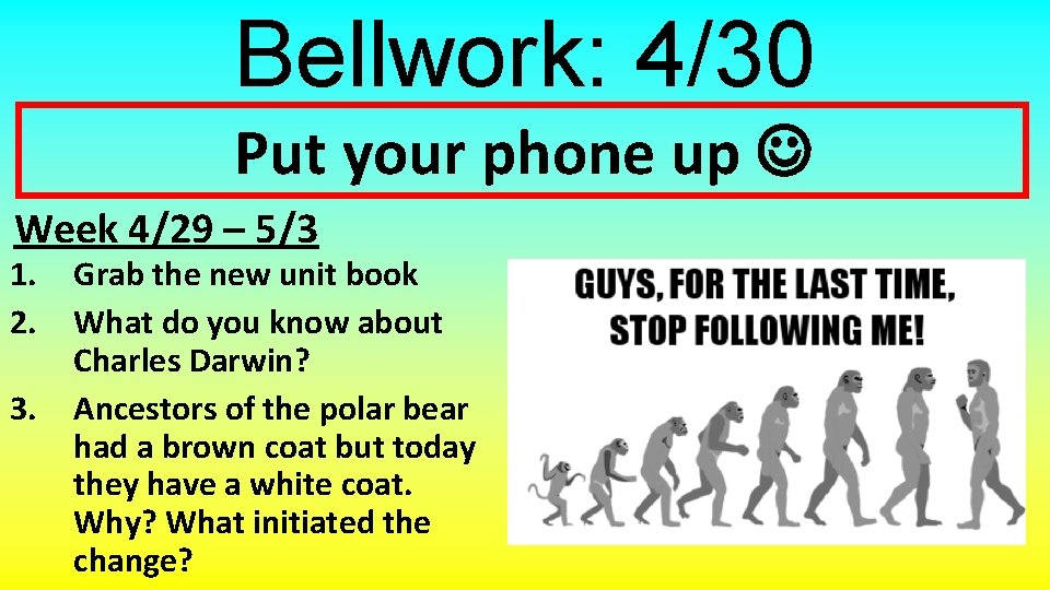 Bellwork: 4/30 Put your phone up Week 4/29 – 5/3 1. 2. 3. Grab