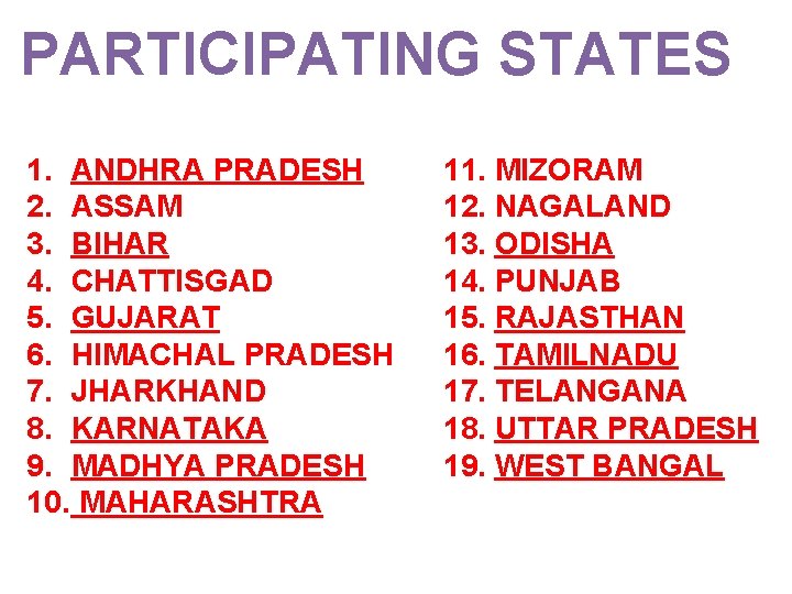 PARTICIPATING STATES 1. ANDHRA PRADESH 2. ASSAM 3. BIHAR 4. CHATTISGAD 5. GUJARAT 6.