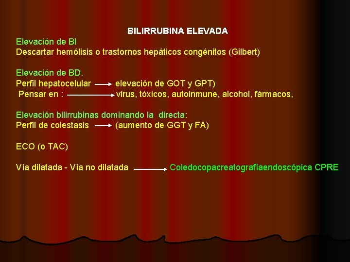 BILIRRUBINA ELEVADA Elevación de BI Descartar hemólisis o trastornos hepáticos congénitos (Gilbert) Elevación de BILIRRUBINA ELEVADA Elevación de BI Descartar hemólisis o trastornos hepáticos congénitos (Gilbert) Elevación de